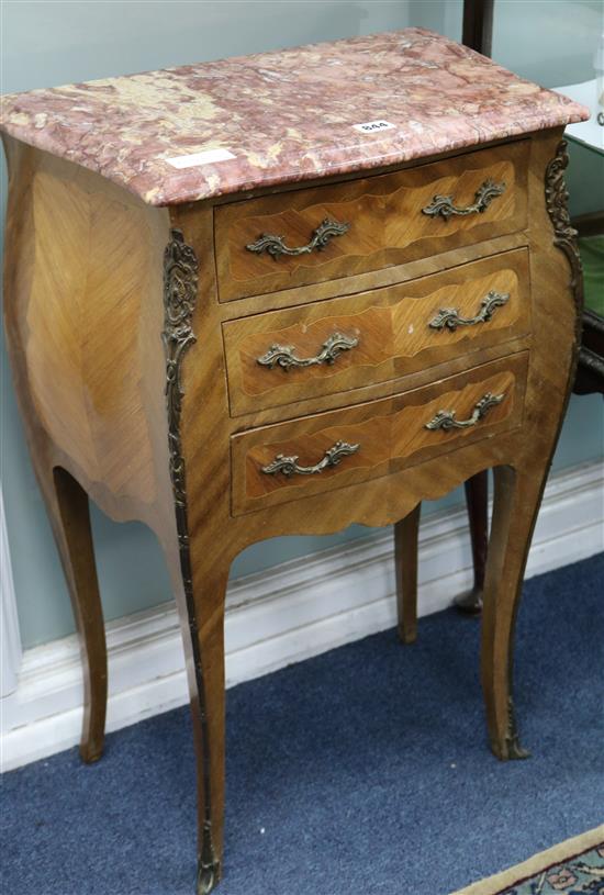 A pair of Louis XV style Kingwood and marble topped bedside chests W.48cm